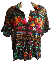 Large Vtg Peter Popovitch Petite Floral Black Button-Up Blouse Rayon Made In USA