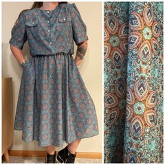 Vintage 70s California Looks Printed Secretary Dress Elastic Waist Large
