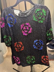 Vintage Sténay 1980s Ladies Black Sequin N Beaded Blouse NWT Sz L