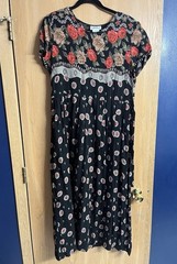 Vtg Just in Thyme Black Rose Floral Lace Brooch Printed Maxi Dress Whimsical 16