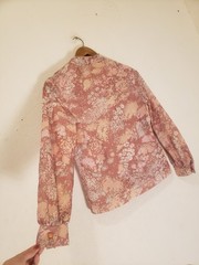 Vtg 70s Floral Chiffon Poly Knit Tie Front LS Jacket Top M L As Is