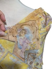 Vntg 70’s sheer Monet print Yellow Purple Blouse M w/ Angel wing sleeves