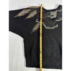 Donagain Vintage Sz L 80s Black Beaded Leather Applique Ramie Cotton Sweater