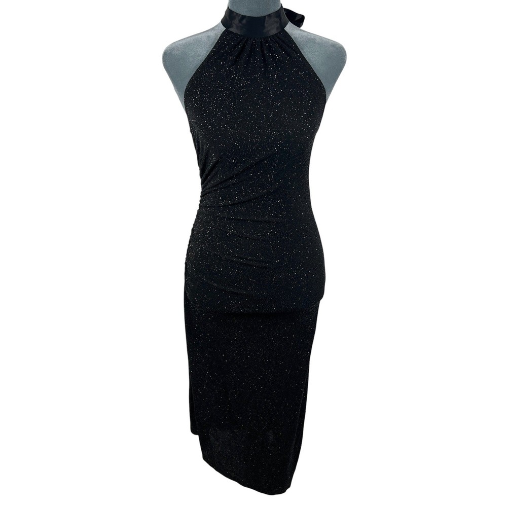 My Michelle Vintage Halter Dress Small Black Silver Glitter Ruched Y2K Fairy USA