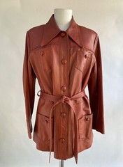 Vintage 70s Leather Jacket Women Burnt Sienna Belted Covered Buttons 4 Pockets L