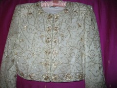 VINTAGE, LAWRENCE KAZAR SILK BEADED JACKET, LINED, SZ. S., GOLD & SILVER