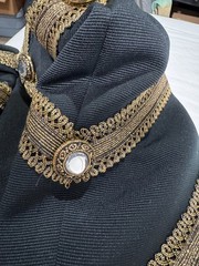 Vtg 80s Military Style Jacket Black Gold Brocade Baroque 6 Chunky Clear Buttons