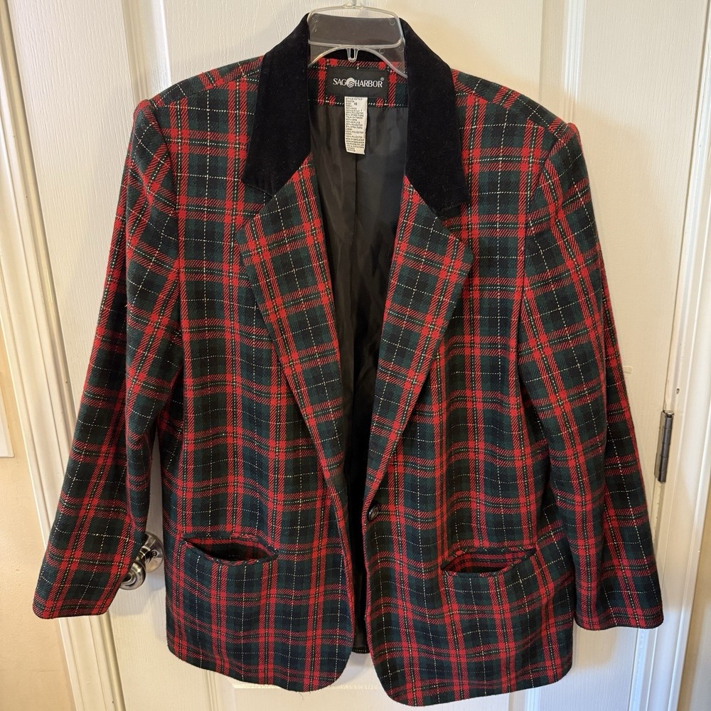 Vintage Sag Harbor Plaid Wool Blazer Women’s 16 Velvet Tartan English Country