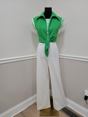 VTG’70s Melissa Lane Green White Nautical Wide Leg Jumpsuit Retro Mod Disco