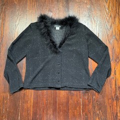 Vintage Night Way Cardigan Womens M Black Sparkle Feather Trim Sweater USA MADE