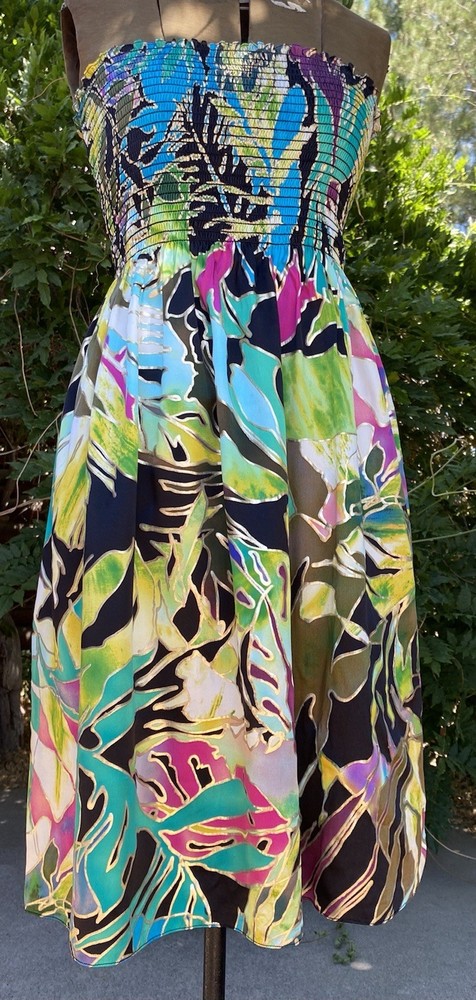 Vtg 80’s Summer Dress M Caché Wild Tropical Silk Charmeuse Smocked