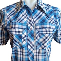 Small Womens Vintage Shirt 70’s Blue Plaid Blouse Shirt Boho Hippie Distress