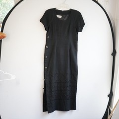Vintage Howard Wolf Black Linen Sheath Dress Side Button Embroidered Midi 90s