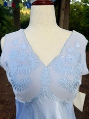 1930s Powder Blue Silk Satin Slip Dress | Embroidered Illusion Mesh Bodice |L