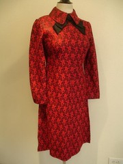 Women’s S M Vtg 1960’s Adele Simpson Red Black Brocade Dress Bow Union Made USA