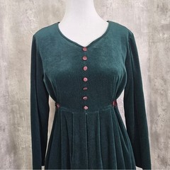 Vintage Helene Blake Green Velour Cord Midi Dress Tie Waist Cottagecore Womens L