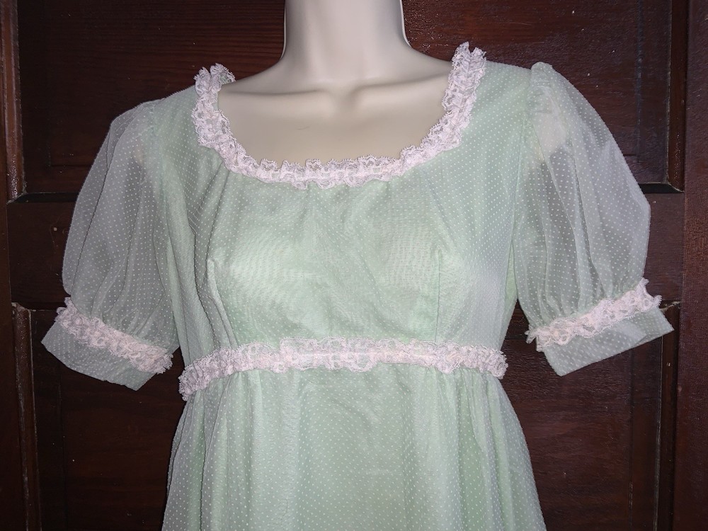 60s 70s Mint Green Dotted Swiss Empire Waist Maxi Dress