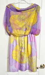 Vintage 60s Burke-Amey Floral Print Silk Chiffon Dress SM Yellow Purple COUTURE