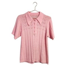 VINTAGE 70’s bubblegum pink acrylic knit pointed collar short sleeve sweater top