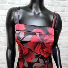 Vintage 90s Y2K La Belle Womens S Red Rose Floral Satin Wiggle Dress USA