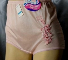 NOS Vintage Satin Nylon Granny Panties sz 6 Peach Embroidered Flowers Bird USA