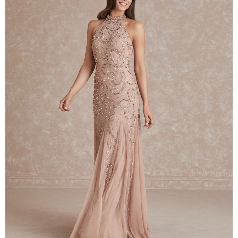 Adrianna Papell Platinum Style No. 40284 Embellished Halter Neck Gown Taupe 12