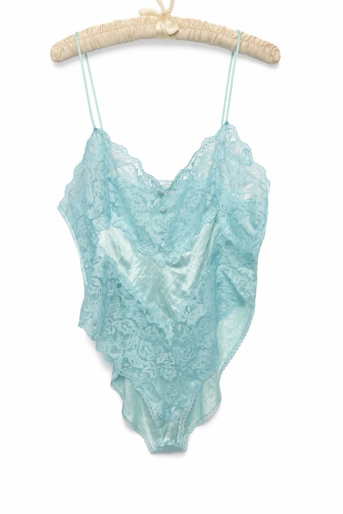 Vintage 1980s Vassarette Lace Nylon Teddie Bodysuit Aqua Blue Size M NWOT
