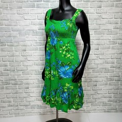 Vintage 90s Hawaiian Tropical Floral Sundress Smocked Green Hibiscus Tiki Pinup