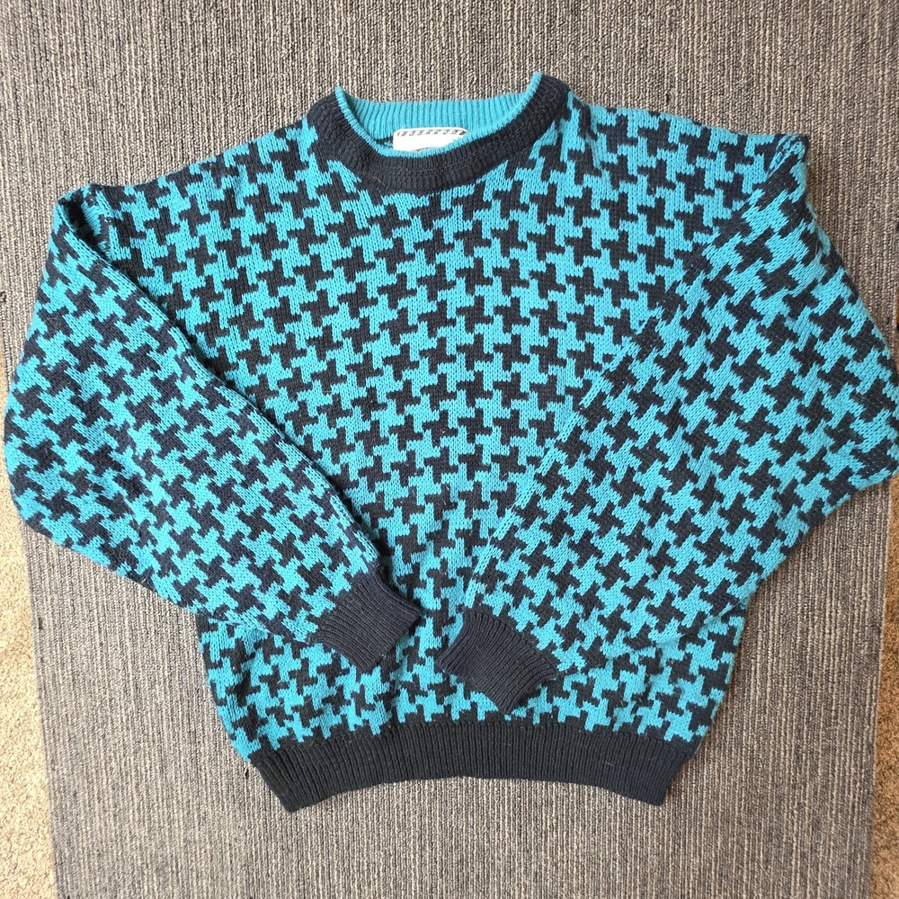 Vintage 90’s 80’s Houndstooth Checkered Sweater Size Large Black Teal Retro
