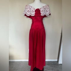 House of Bianchi Vintage 1940s Red Off-Shoulder Lace Corset Gown | Made in USA