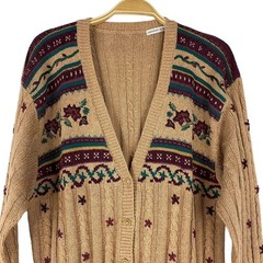 Jantzen VTG Embroidered Fair Isle Boho Cardigan Sweater Women M Tan Cable Knit