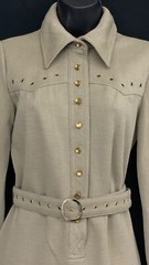 Vintage 1970s drab green mini dress long sleeve taupe neutral rivets fall winter