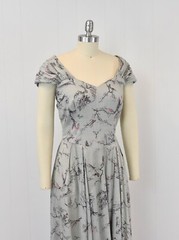 1950s Bird Pagoda Novelty Print Gray Pink Cape Back Custom Made Pinup Dress