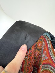 Antique Paisley Tapestry Kashmir Robe or Jacket Red Orange Fringe AS IS