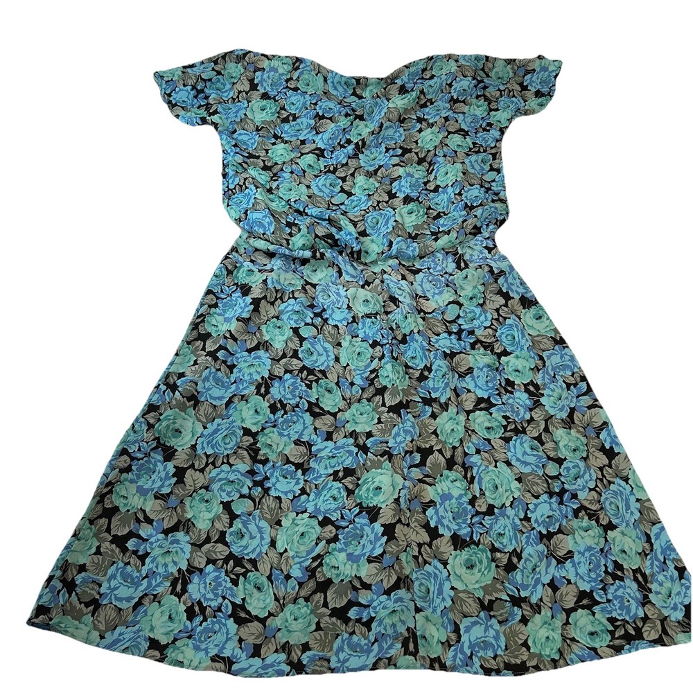 Vintage Orlean de Paris Teal Floral Womens XL 17/18 Midi Dress 80s Shoulder Pads