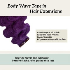 Body Wave Tape in Human Hair Extensions Purple 100% Remy Soft Sea 14-24in