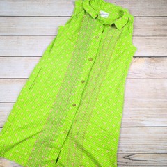 Vintage 60s Lime Green Pink Polka Dot Pintuck Ric-Rac House Dress Pockets