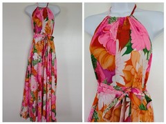 Vintage 70s 80s Royal Palm Hawaiian halter tie wrap dress full skirt pinafore