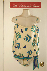 VINTAGE SEA QUEEN 70s 80s Tankini Top Bottom 2 Pc Swimsuit Ivory Blue Green 18