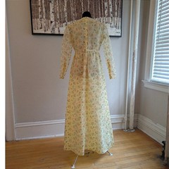Vintage 70s Yellow Floral Maxi Dress Long Sheer Sleeve Empire Waist Pastel Gown