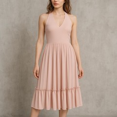 Vintage Alfred Werber Pink Pleated Halter Midi Dress 70s Sleeveless Size M