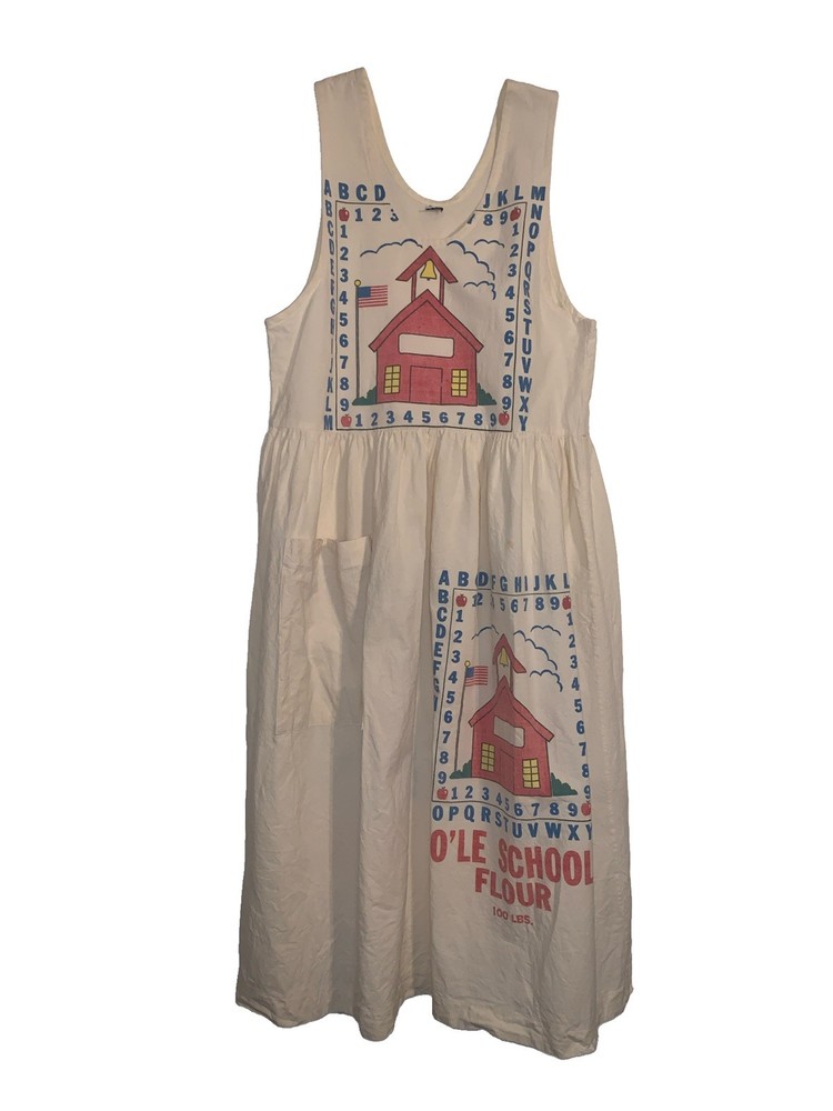 VTG Flour Sack Jumper Ole School Dress Large Cream ABC Pinafore CottageCore Farm