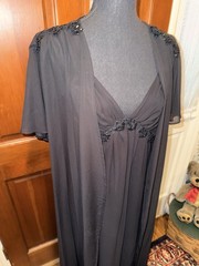 Bell Nouvel Black Peignoir Set Gown Sheer Robe Beaded Lace 2Pc Nightgown L/Xl