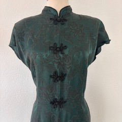 Vintage La Belle Womens Asian Midi Dress 10 Green Print 90s USA Frog Fastener