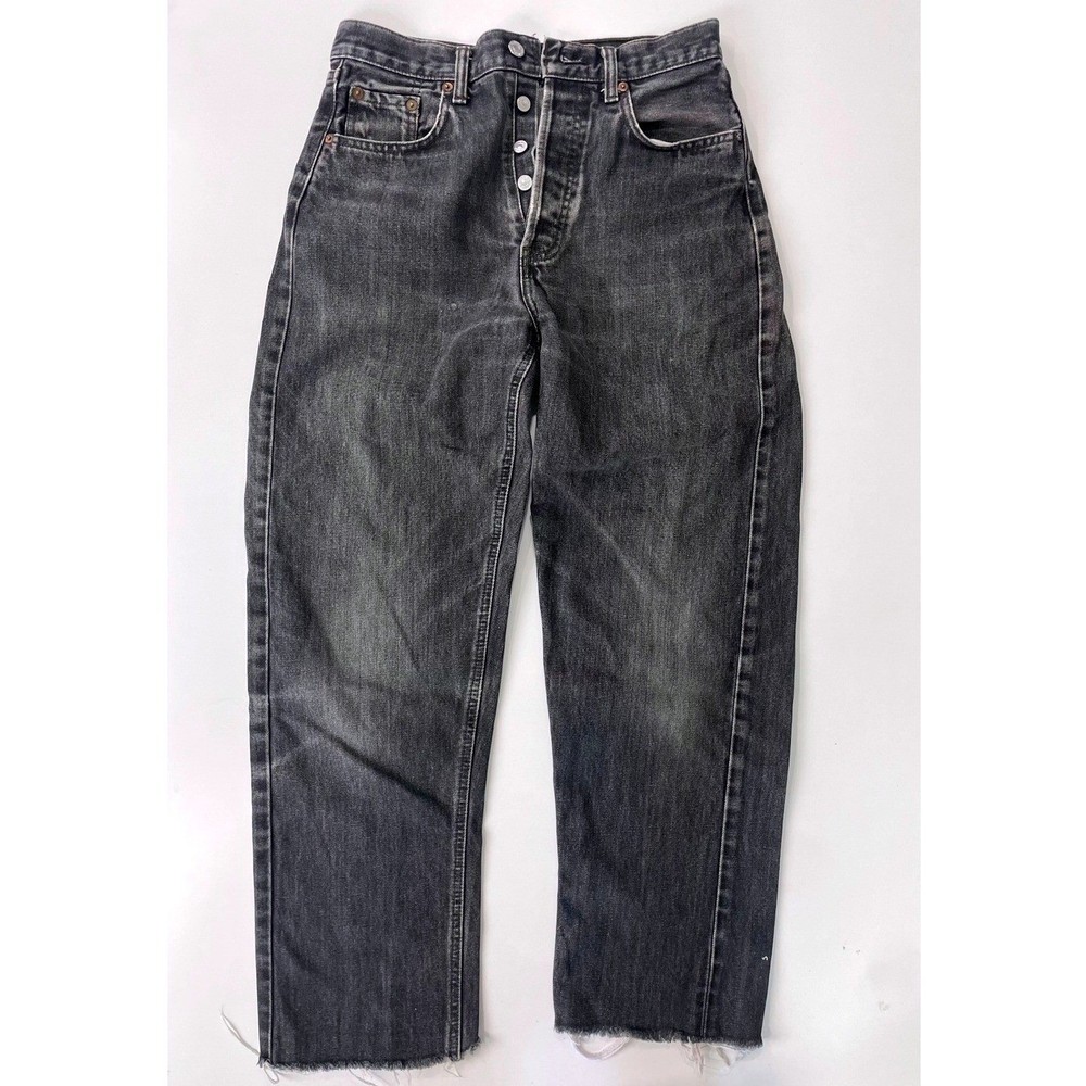 Vintage Levis 501 Faded Black Straight Leg Jeans High Rise Button Fly Frayed Hem
