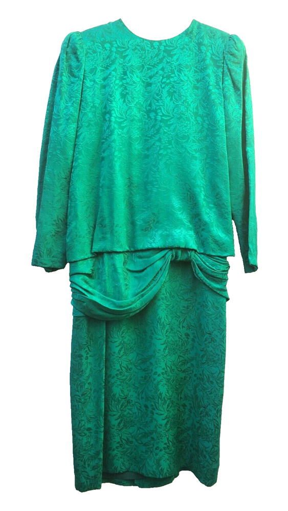 Vintage Dress SIZE 10 green jacquard SILK Silk Studio 80s drop waist LONGSLEEVE