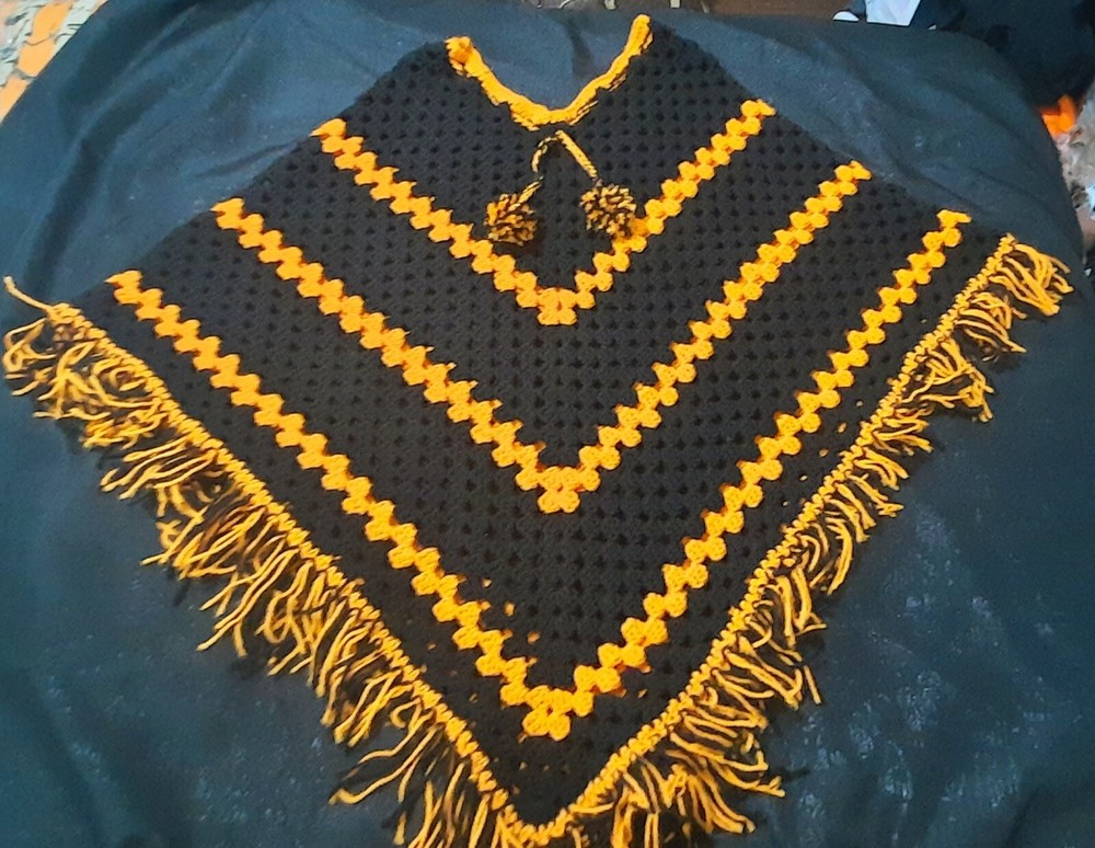 Vintage Black And Orange Halloween Fall Crocheted Poncho