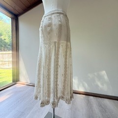 Vintage Hand Crochet Ivory Cotton Lace Maxi Skirt with Rosette Details