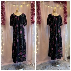 Vintage 90s Floral Print Maxi Dress Black Purple Flowy Boho Plus Size 3X