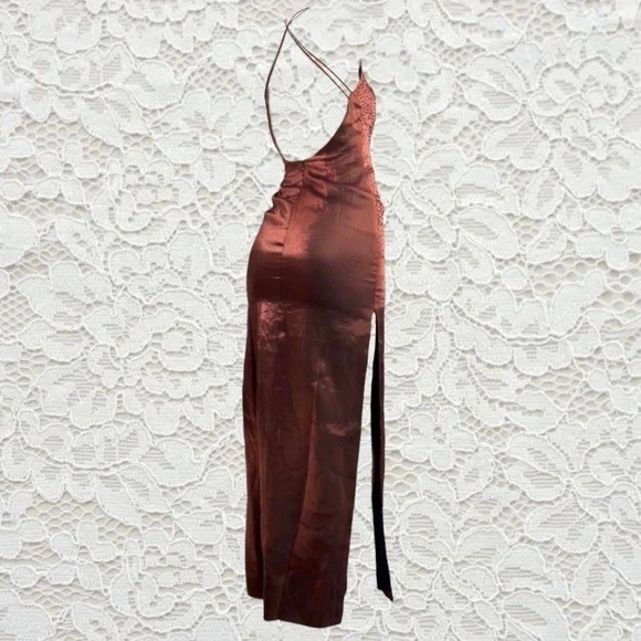 vintage orange metallic beaded evening maxi dress with open back and side slit